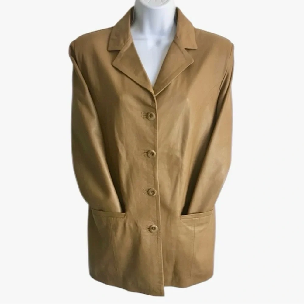 Vtg Women’s 44 10-12 Made in Italy Vera Pelle Tan Leather 4-Button Jacket in EUC - Picture 11 of 16